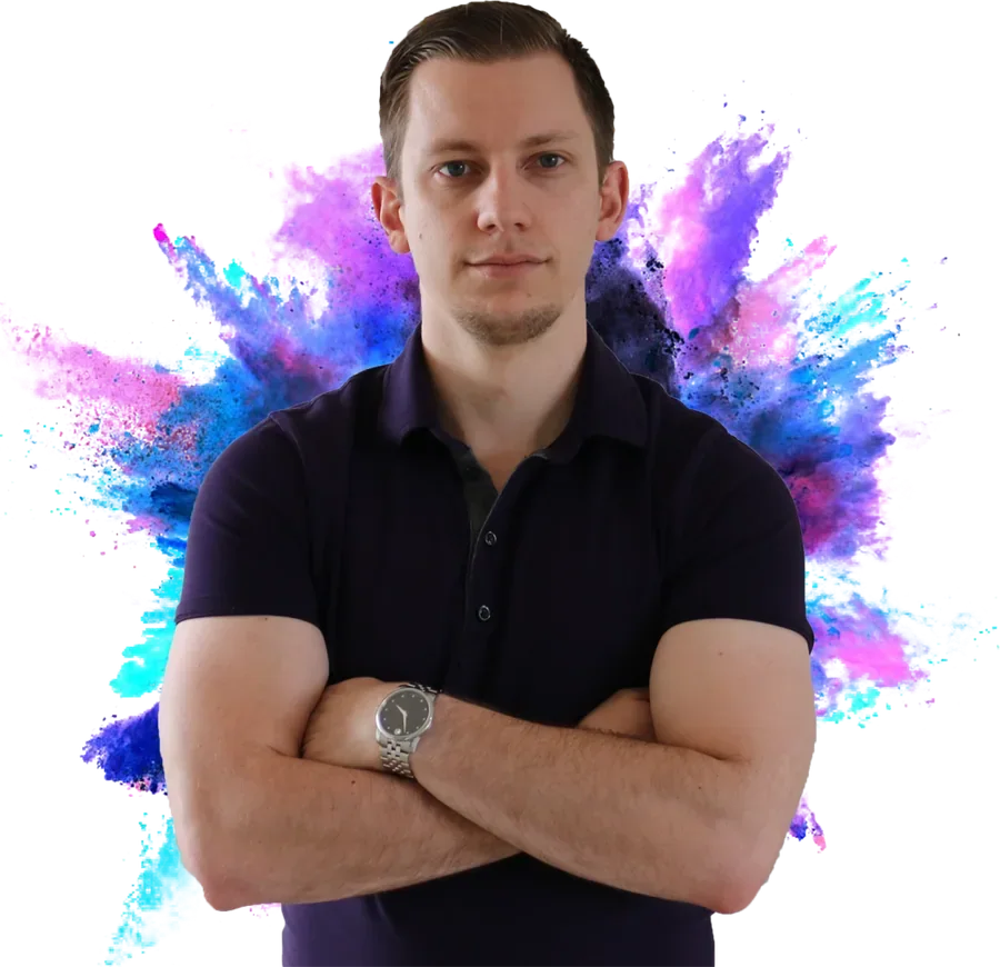 Jeff Trimble, arms crossed, in front of a magenta, purple and cyan colour burst