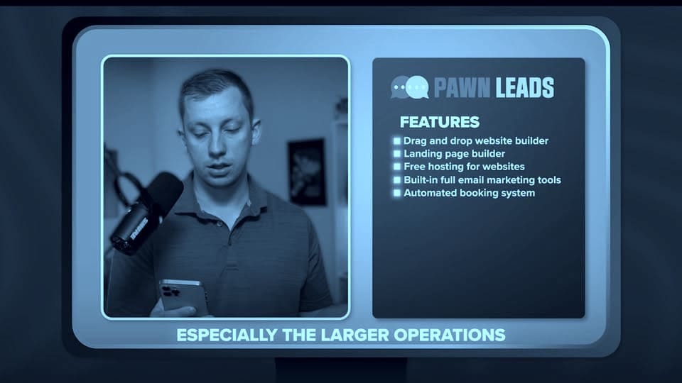 Jeff Trimble at a podcast microphone next to a Pawn Leads features card