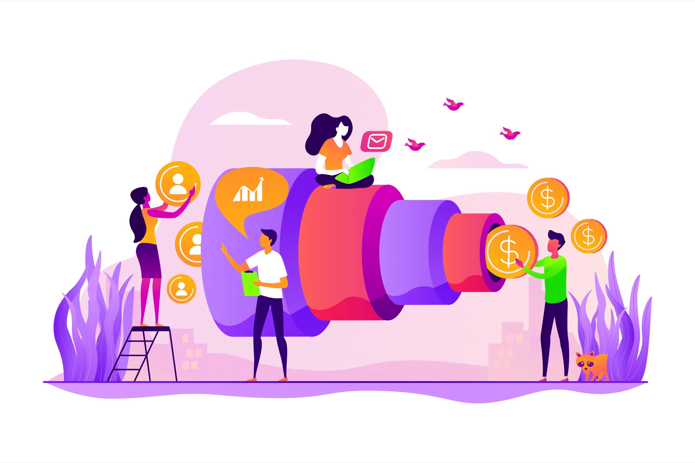 Illustration of a client acquisition funnel with people and coins