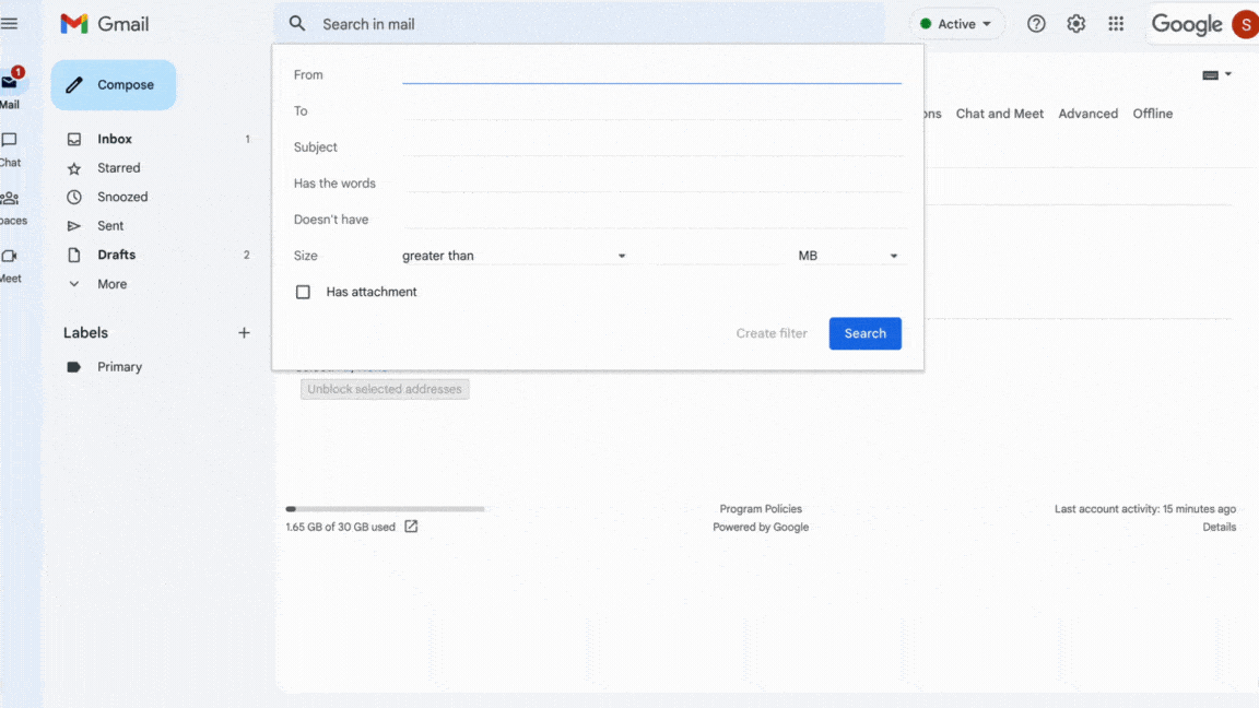 Screen recording: clicking Create a new filter