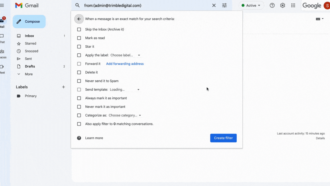 Screen recording: ticking Never send it to Spam and creating the filter
