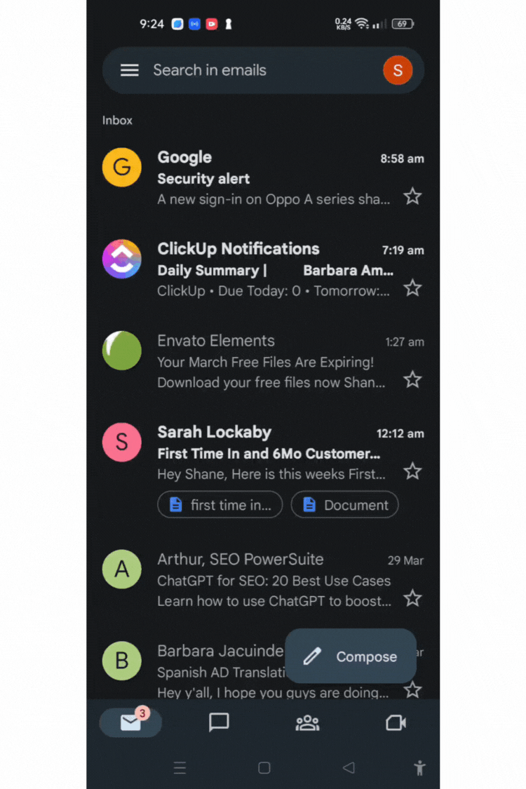 Screen recording: moving an email to the Primary inbox in the Gmail app