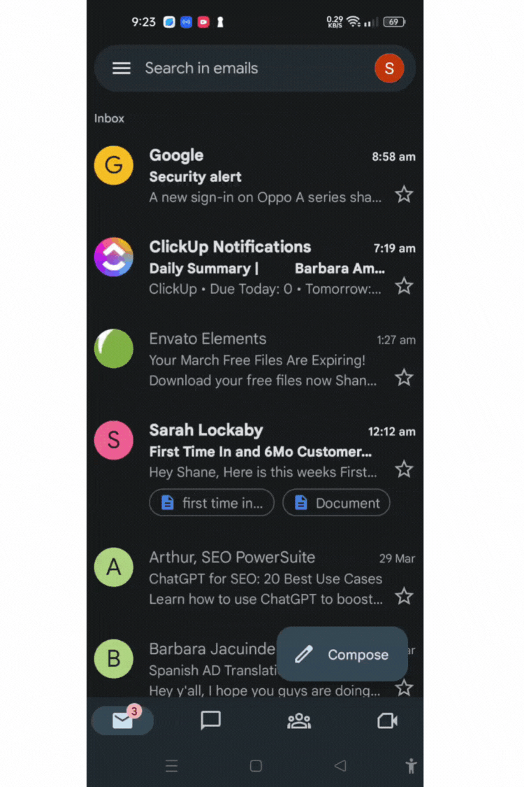 Screen recording: marking an email as important in the Gmail app