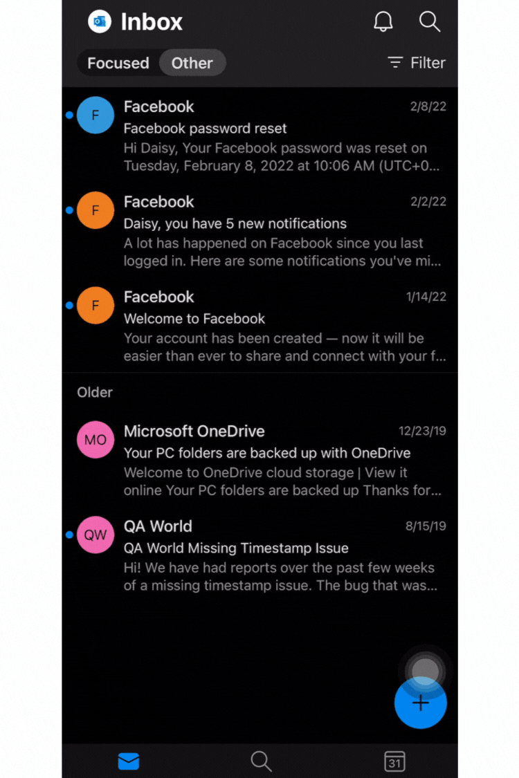 Screen recording: moving an email to the Focused inbox in Outlook mobile